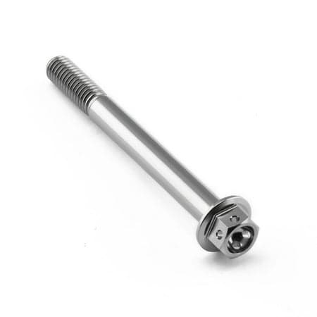 Flanged hex head titanium bolt in silver, measuring M6 x 1.00mm x 60mm, featuring a smooth shaft and a hexagonal drive for easy installation.