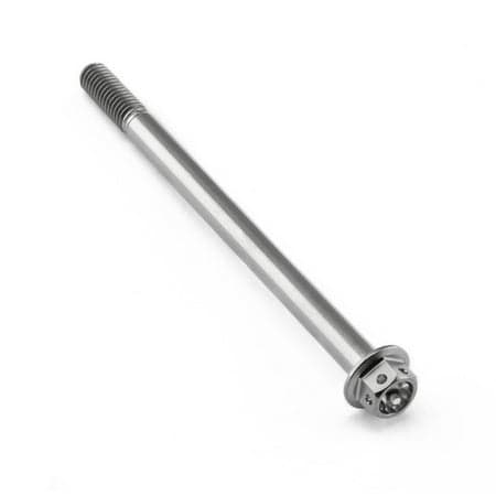 Flanged hex head titanium bolt in silver, measuring M6 x 1.00mm x 90mm with a 30mm flange, featuring a smooth finish and six-sided head for easy installation.