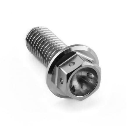 Flanged hex head titanium bolt in silver, measuring M8 x 1.25mm x 20mm, featuring a polished finish and unique hole pattern for lightweight strength and durability.