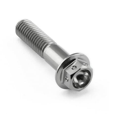 Flanged hex head titanium bolt in silver, measuring M8 x 1.25mm x 35mm, featuring a smooth shaft and a circular flange with a hexagonal socket for secure fastening.