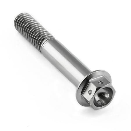 Flanged hex head titanium bolt in silver, measuring M8 x 1.25mm x 50mm, featuring a smooth shaft and a hexagonal head with a recessed socket for easy installation.