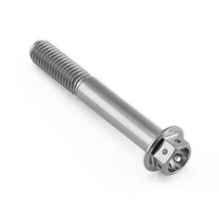 Flanged hex head titanium bolt in silver, measuring M8 x 1.25mm x 55mm with a 24mm flange, featuring a smooth, polished finish and spiral threading.