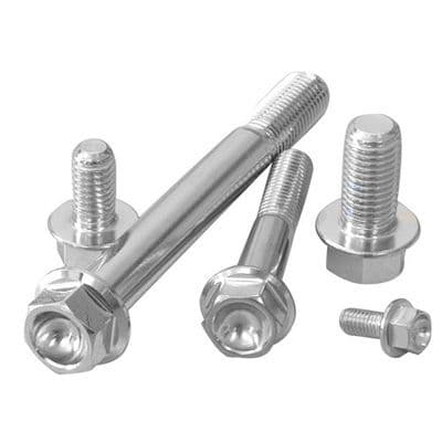 Flanged hex head stainless steel bolts in various sizes, featuring a shiny silver finish and hexagonal heads, labeled M8 X 1.25mm X 65mm (24mm).