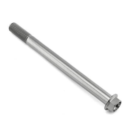 Flanged hex head titanium bolt in natural finish, measuring M10 x 1.25mm x 125mm, featuring a smooth shaft and defined threading for secure fastening.