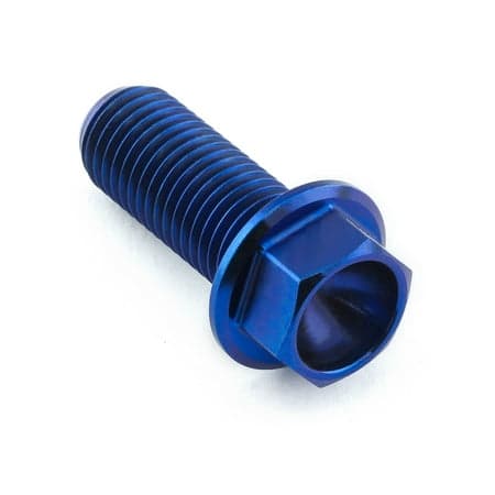 Flanged hex head titanium bolt in blue, measuring M10 x 1.25mm x 25mm with a 23mm length, featuring a smooth finish and distinct threading.