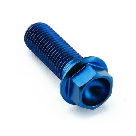 Blue flanged hex head titanium bolt, M10 size, 1.25mm thread pitch, 30mm length, featuring a smooth finish and distinct hexagonal head for easy tightening.