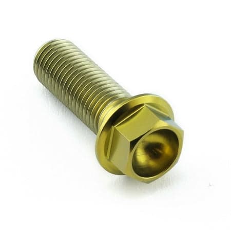 Flanged hex head titanium bolt in gold, measuring M10 x 1.25mm x 30mm, featuring a smooth, threaded shaft and a hexagonal head for easy installation.