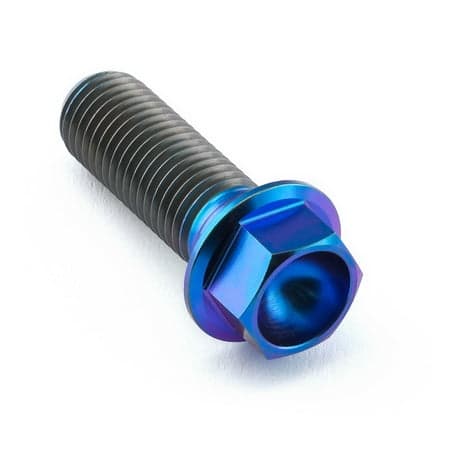 Flanged hex head titanium bolt in purple with a 30mm length and M10 x 1.25mm thread, featuring a shiny, iridescent finish and prominent hexagonal head.