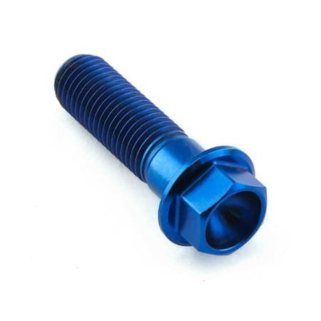 Pro-Bolt flanged hex head titanium bolt in blue, measuring M10 x 1.25mm x 35mm with a 23mm flange, featuring a smooth, shiny finish and deep hex socket for easy installation.