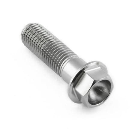 Flanged hex head titanium bolt, M10 size, 1.25mm thread pitch, 35mm length with a 23mm flange diameter, featuring a shiny natural finish and prominent threading.