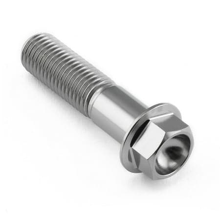 Flanged hex head titanium bolt in natural finish, M10 size, 1.25mm thread pitch, 40mm length, featuring a smooth shaft and a hexagonal head for easy installation.