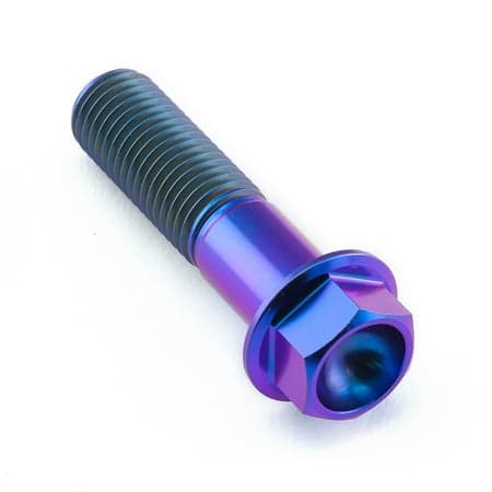 Flanged hex head titanium bolt in purple, measuring M10 x 1.25mm x 40mm with a 23mm flange, featuring a smooth, shiny finish and distinct threading.