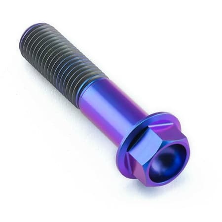 Flanged hex head titanium bolt in purple, measuring M10 x 1.25mm x 45mm with a 27mm flange, featuring a smooth finish and prominent threading.