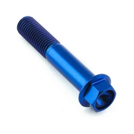 Flanged hex head titanium bolt in blue, measuring M10 x 1.25mm x 55mm with a 22mm flange, featuring a smooth, shiny finish and prominent threading.