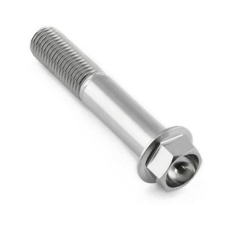Flanged hex head titanium bolt in natural finish, M10 size, 1.25mm thread pitch, 55mm length with a 22mm diameter head, featuring a smooth, shiny surface.