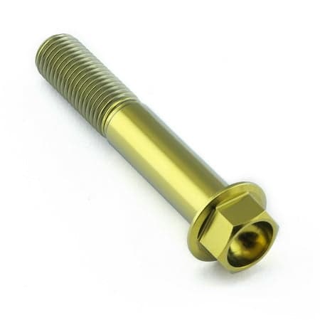 Gold titanium flanged hex head bolt, M10 size, 1.25mm thread pitch, 57mm length with a 24mm flange diameter, showcasing a shiny, corrosion-resistant finish.