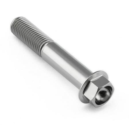 Flanged hex head titanium bolt in natural finish, measuring M10 x 1.25mm x 57mm with a 24mm flange, featuring a smooth, shiny surface and threaded shaft.