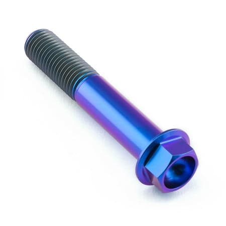 Flanged hex head titanium bolt in purple, measuring M10 x 1.25mm x 57mm with a 24mm flange, featuring a smooth finish and spiral grooves on the shaft.