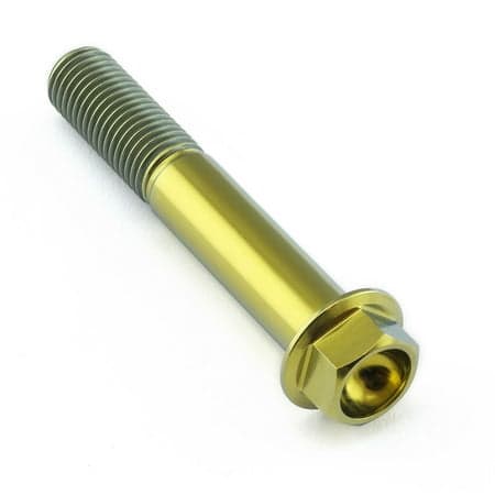 Flanged hex head titanium bolt in gold, measuring M10 x 1.25mm x 60mm, featuring a smooth shaft and hexagonal nut for secure fastening.