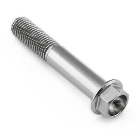 Flanged hex head titanium bolt in natural finish, M10 size, 1.25mm thread pitch, 60mm length with a 27mm flange diameter, featuring a smooth, shiny surface.