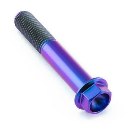 Flanged hex head titanium bolt in purple, measuring M10 x 1.25mm x 60mm with a 27mm flange, featuring a smooth, shiny finish and deep hex socket for wrenching.