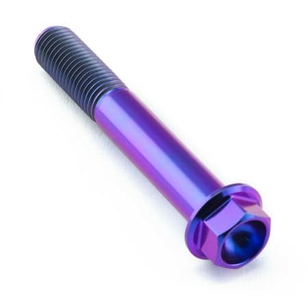 Flanged hex head titanium bolt in vibrant purple, measuring M10 x 1.25mm x 65mm with a 27mm flange, showcasing a sleek, durable design.