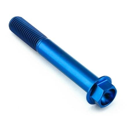 Flanged hex head titanium bolt in blue, measuring M10 x 1.25mm x 70mm, featuring a smooth, shiny finish and distinct threading along the shaft.