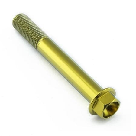 Gold titanium flanged hex head bolt, M10 size, 1.25mm thread pitch, 75mm length, featuring a smooth, shiny finish and a prominent hexagonal head for easy installation.