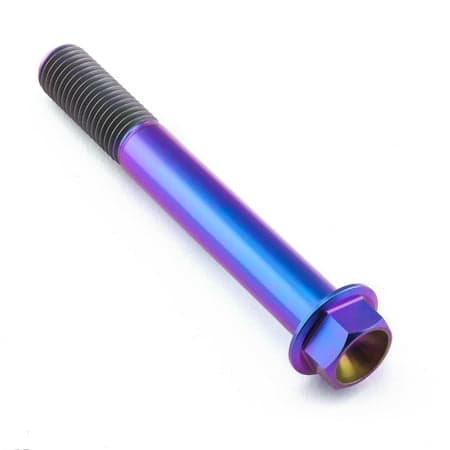 Flanged hex head titanium bolt in vibrant purple, measuring M10 x 1.25mm x 75mm with a 24mm head, featuring a smooth, glossy finish and threaded shaft.