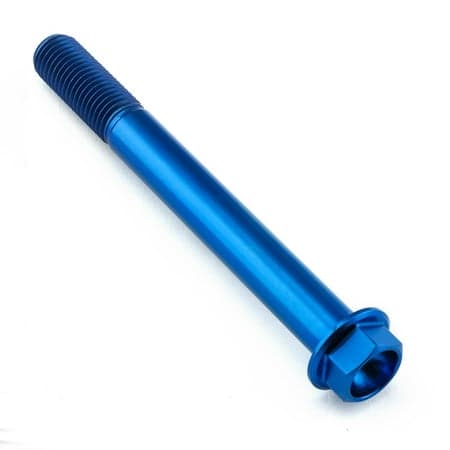 Flanged hex head titanium bolt in vibrant blue, measuring M10 x 1.25mm x 90mm, featuring a smooth shaft and a prominent hexagonal head for easy installation.