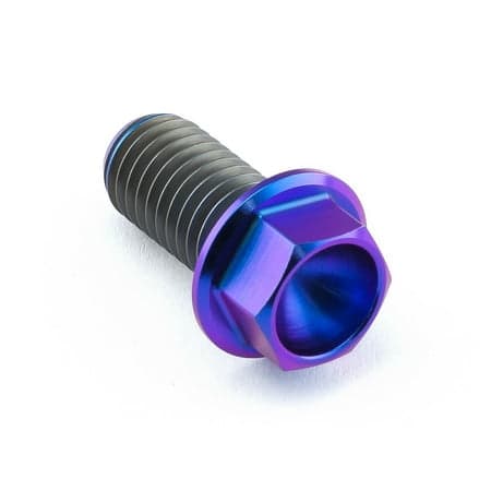 Flanged hex head titanium bolt in purple, measuring M10 x 1.50mm x 20mm, featuring a shiny finish and distinct hexagonal head for easy installation.
