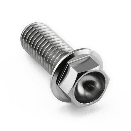 Flanged hex head titanium bolt in natural finish, M10 size, 1.50mm thread pitch, and 25mm length, featuring a shiny metallic surface and distinct hexagonal head design.