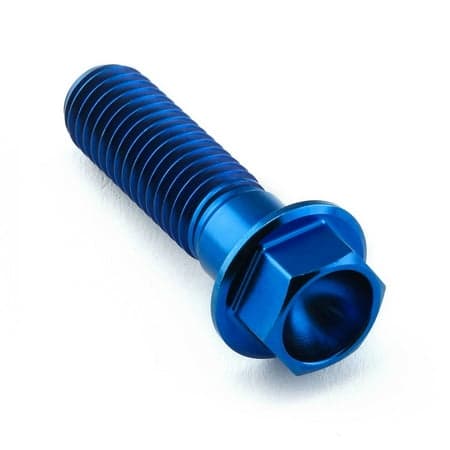 Flanged hex head titanium bolt in vibrant blue, measuring M10 x 1.50mm x 35mm, featuring a textured shaft and a hexagonal nut for secure fastening.
