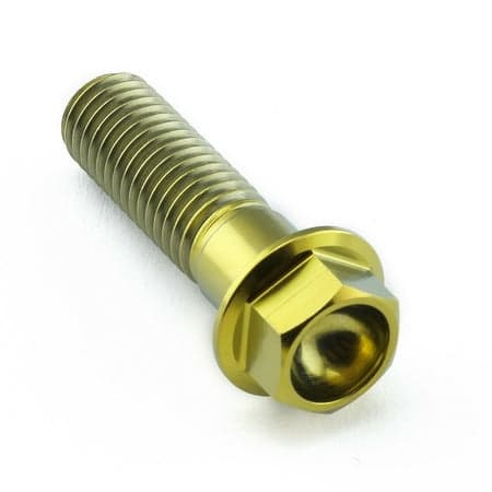 Flanged hex head titanium bolt in gold, measuring M10 x 1.50mm x 35mm, featuring a smooth, shiny finish and prominent threading for secure fastening.