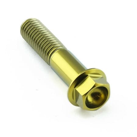 Gold titanium flanged hex head bolt, M10 x 1.50mm x 45mm with a 25mm shaft, featuring a shiny finish and distinct hexagonal head design.