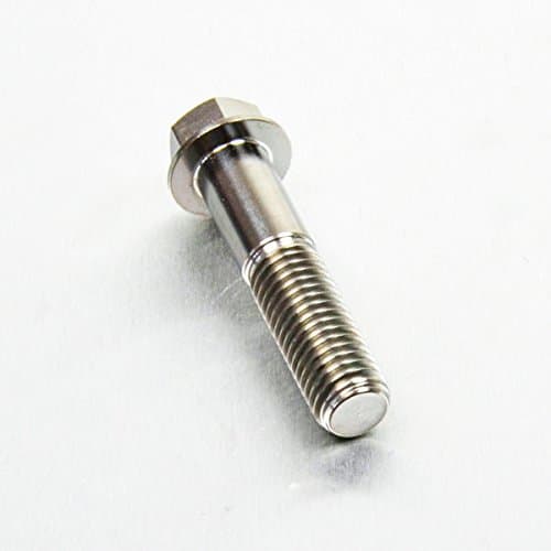 Flanged hex head titanium bolt in natural finish, M10 size, 1.50mm thread pitch, 45mm length with 25mm of threading visible, showcasing a sleek, durable design.