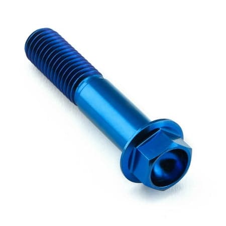 Flanged hex head titanium bolt in blue, measuring M10 x 1.50mm x 50mm, featuring a smooth finish and prominent threading for secure fastening.