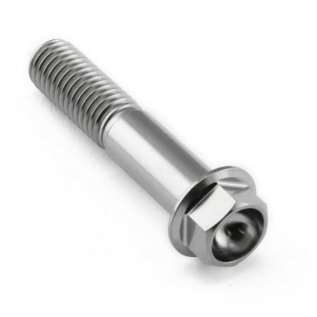 Flanged hex head titanium bolt in natural finish, measuring M10 x 1.50mm x 50mm with a 25mm length, featuring a smooth shaft and a hexagonal head for easy installation.