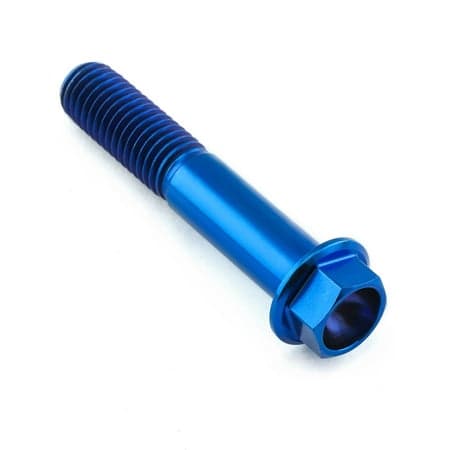 Flanged hex head titanium bolt in blue, measuring M10 x 1.50mm x 55mm, featuring a smooth shaft and a hexagonal socket for easy installation.