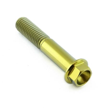Gold titanium flanged hex head bolt, M10 size, measuring 55mm in length with a 25mm threaded section, showcasing a shiny, durable finish.