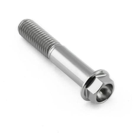 Flanged hex head titanium bolt in natural finish, measuring M10 x 1.50mm x 55mm with a 25mm flange, featuring a smooth, shiny surface and threaded shaft.