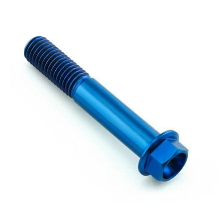 Flanged hex head titanium bolt in blue, measuring M10 x 1.50mm x 60mm with a 25mm length, featuring a smooth finish and threaded shaft.