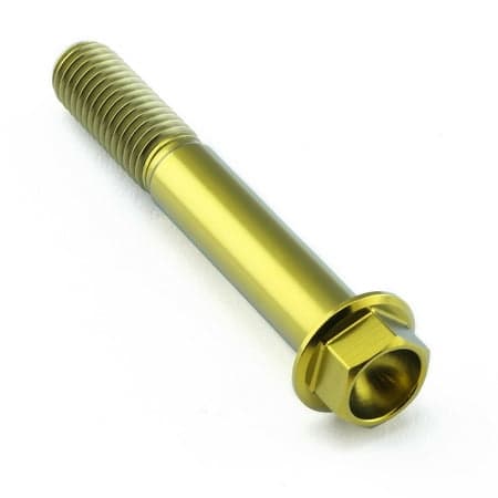 Flanged hex head titanium bolt in gold, measuring M10 x 1.50mm x 65mm with a 25mm flange, featuring a smooth, shiny finish and prominent threading.