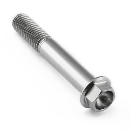 Flanged hex head titanium bolt in natural finish, M10 size, 1.50mm thread pitch, 65mm length, featuring a smooth shaft and hexagonal head for secure fastening.