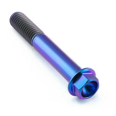 Flanged hex head titanium bolt in purple, measuring M10 x 1.50mm x 65mm, featuring a smooth, shiny finish and distinct threading along the shaft.