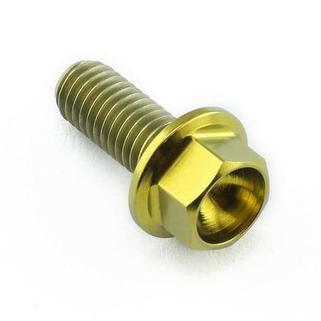 Gold titanium flanged hex head bolt, M5 size with a 0.80mm thread pitch and 12mm length, featuring a shiny finish and distinct hexagonal head for easy installation.