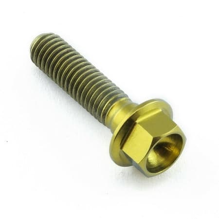 Flanged hex head titanium bolt in gold, measuring M5 x 0.80mm x 20mm with an 18mm flange, featuring a smooth, shiny finish and distinct threading.