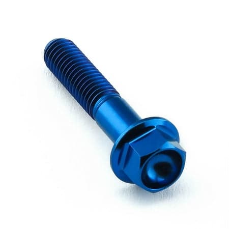 Flanged hex head titanium bolt in vibrant blue, measuring M5 x 0.80mm x 25mm, featuring a smooth shaft and a hexagonal head for secure fastening.