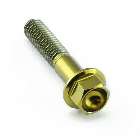 Gold titanium flanged hex head bolt, measuring M5 x 0.80mm x 25mm, featuring a smooth shaft and a rounded head for secure fastening.