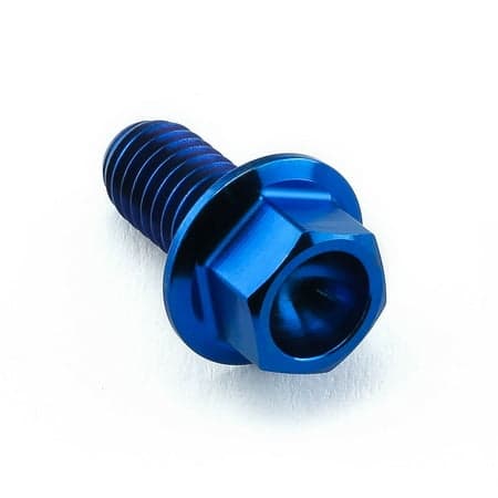 Flanged hex head titanium bolt in blue, measuring M6 x 1.00mm x 12mm, featuring a smooth finish and distinct hexagonal shape for easy installation.